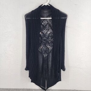 Black Crochet Medallion Back Open Front Cardigan Sweater Womens